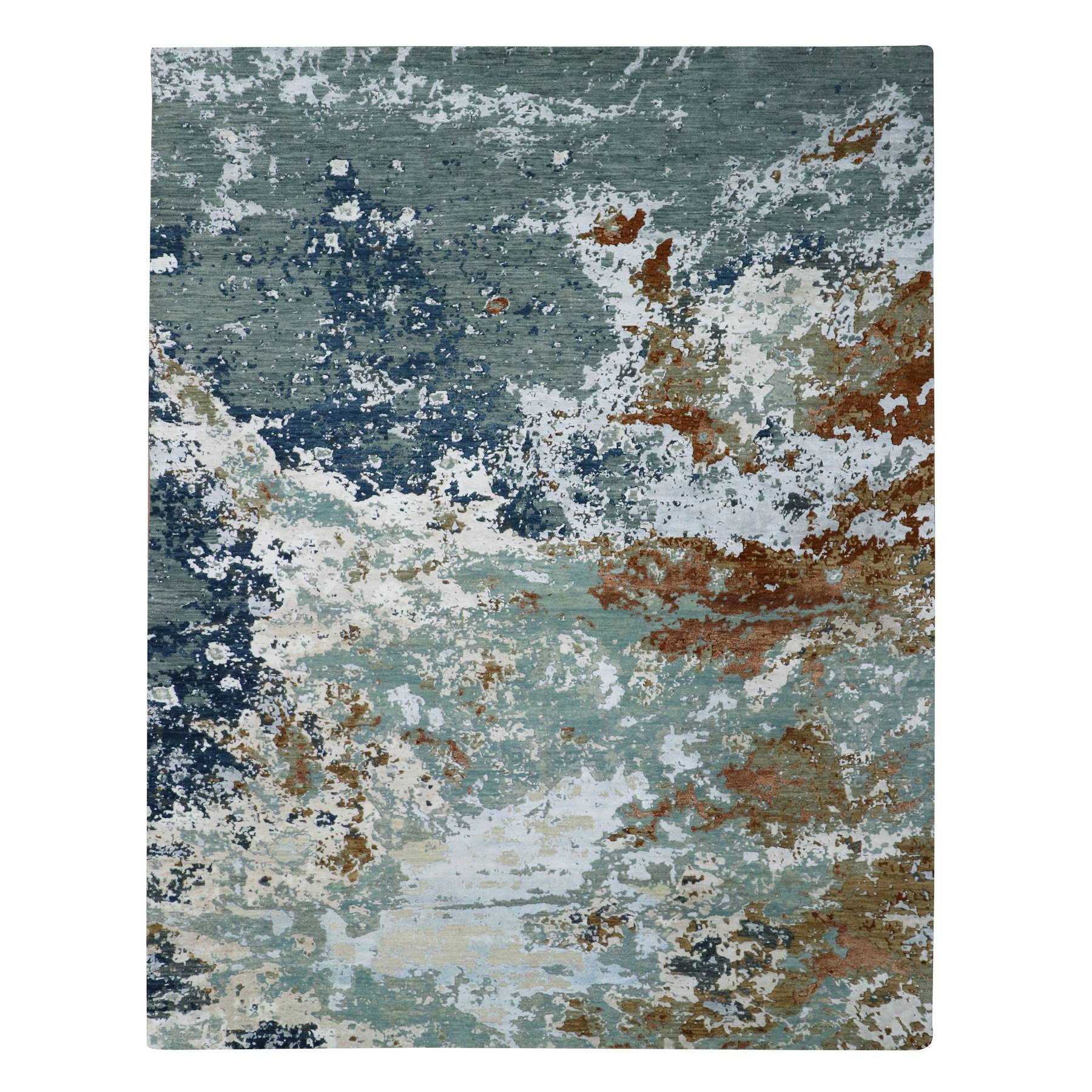 Gray with Brown, Hand Knotted, Persian Knot, Abstract with Galaxy Design, 100% Wool, Densely Woven, Oriental Rug